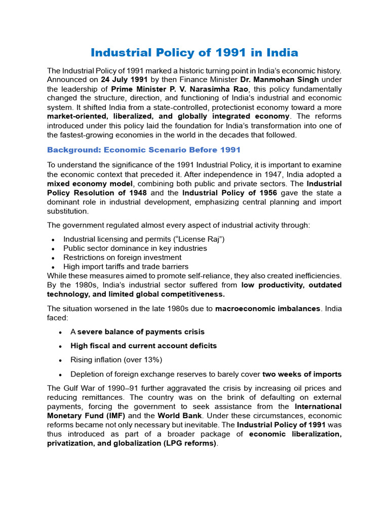 Industrial Policy of 1991 in India | PDF | Economies | Political Economy