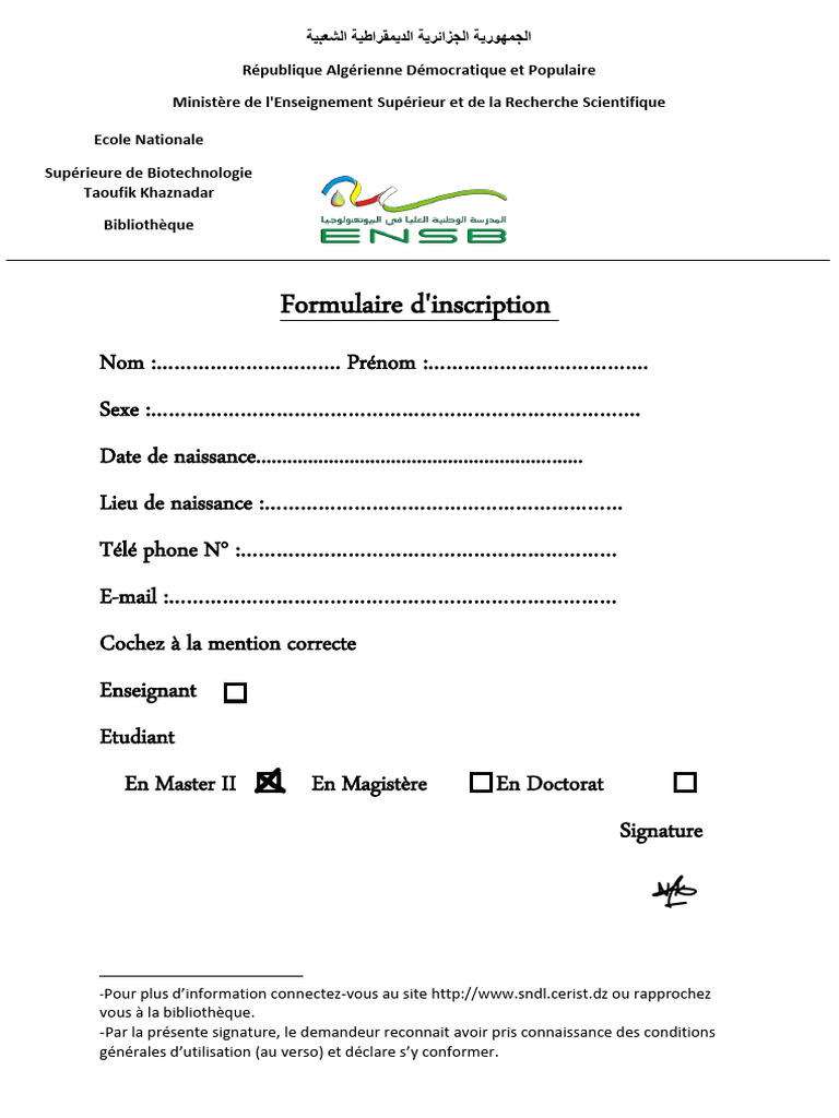 Formulaire d'inscription universitaire | PDF