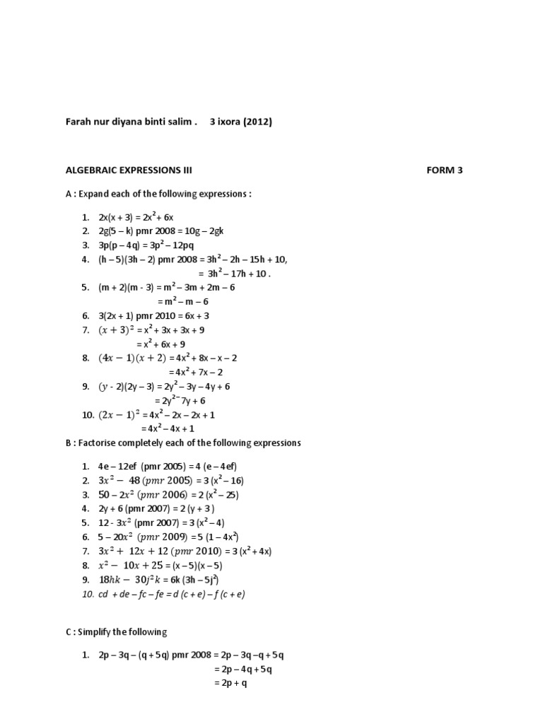 Algebraic Expressions for Form 3 | PDF | Teaching Mathematics
