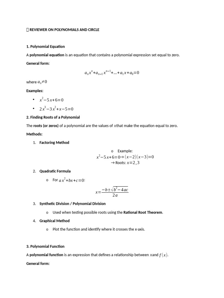 ? Reviewer On Polynomials and Circle | PDF | Polynomial | Quadratic ...