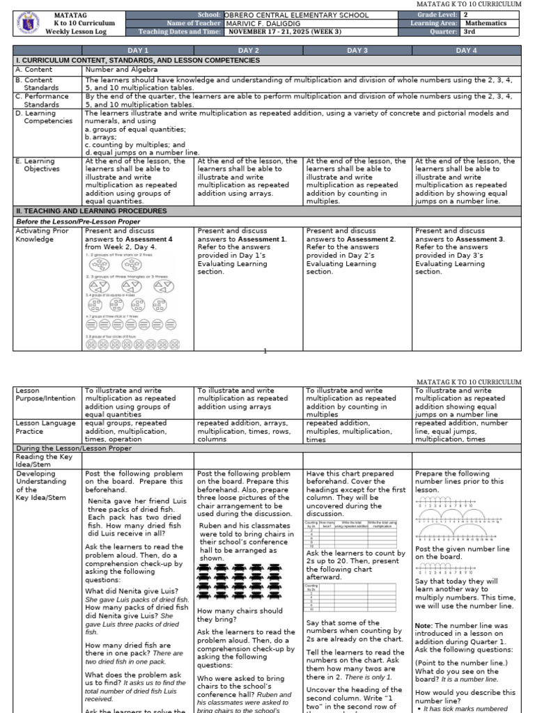 K-10 Math Weekly Lesson Plan | PDF | Multiplication | Mathematics