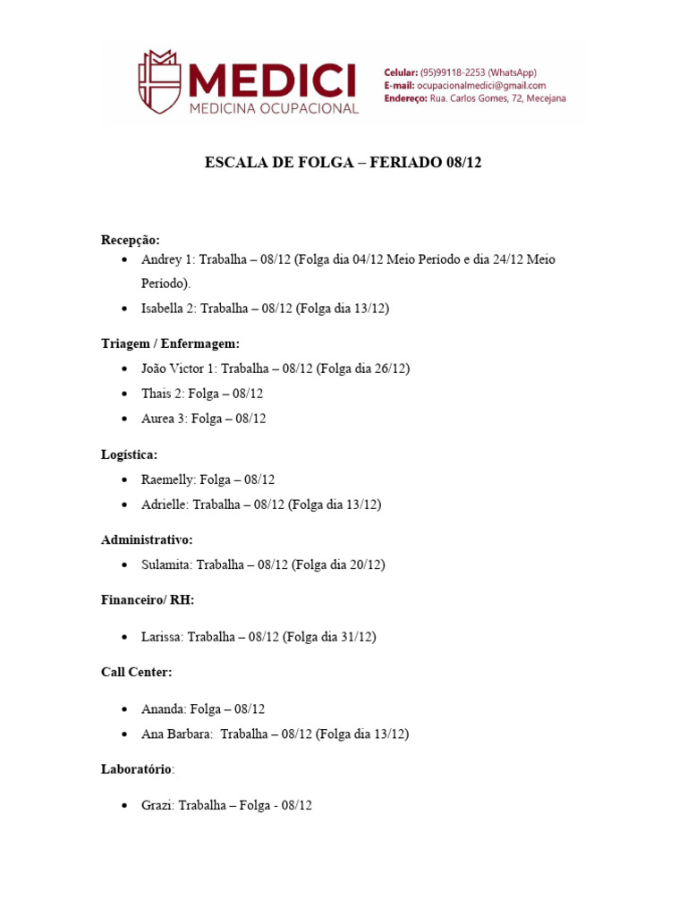 Escala de Folga e Trabalho 08/12 | PDF
