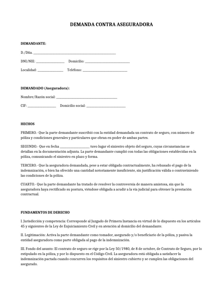 Demanda Contra Aseguradora Plantilla | PDF | Póliza de seguros | Seguro