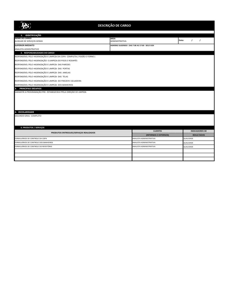 Descrição do Cargo: Auxiliar de Serviços Gerais | PDF