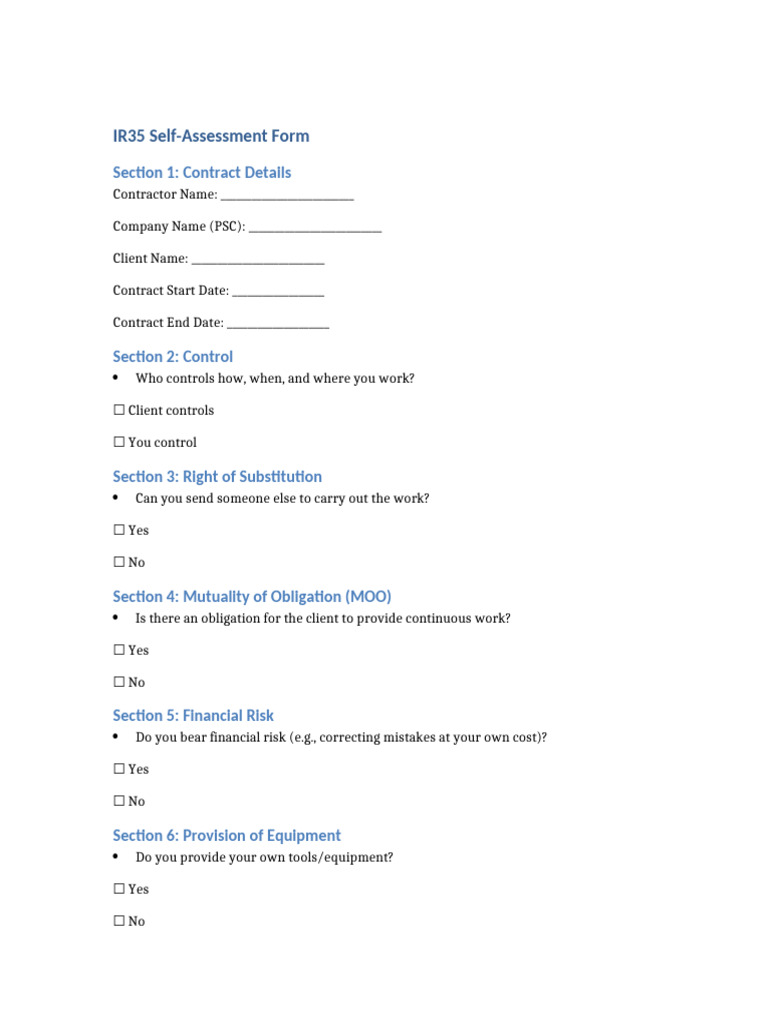 IR35 Self-Assessment Checklist Form | PDF