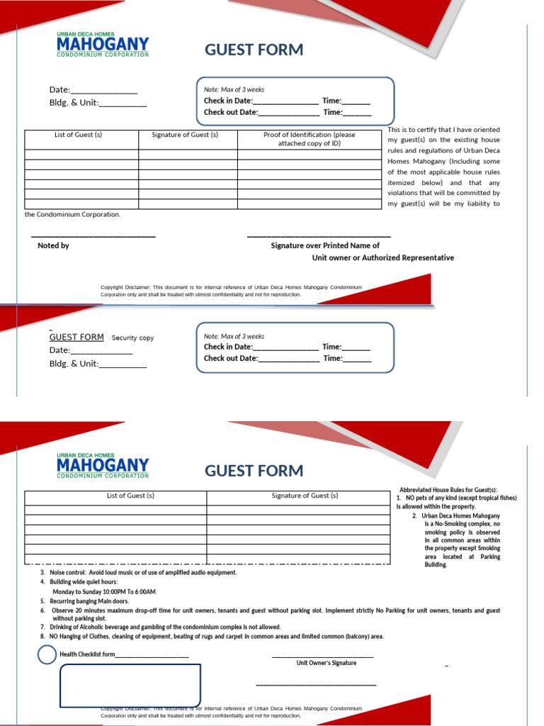 Urban Deca Homes Guest Form & Rules | PDF