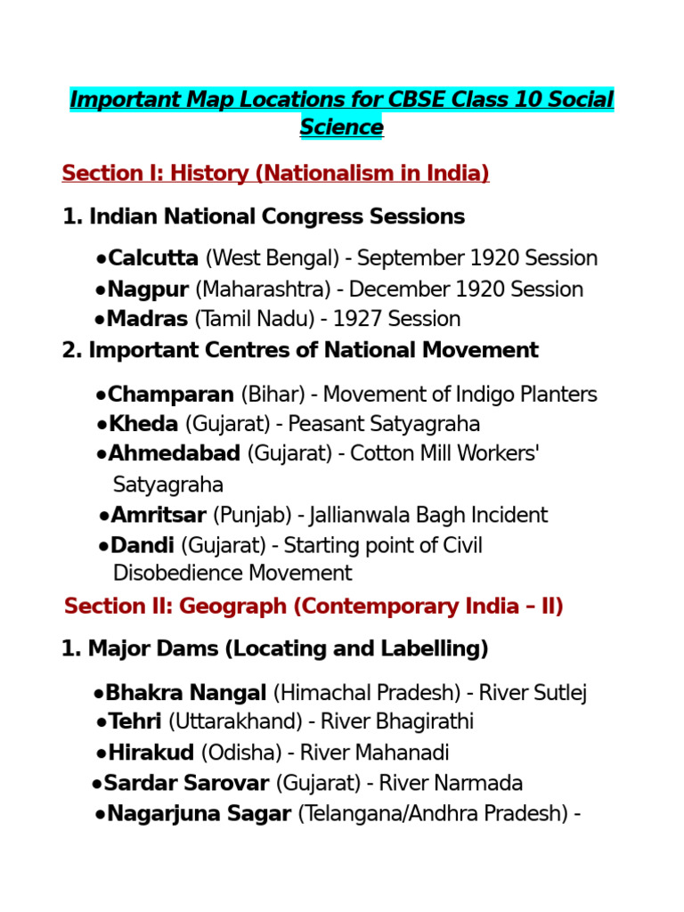 Key Map Locations for CBSE Class 10 | PDF