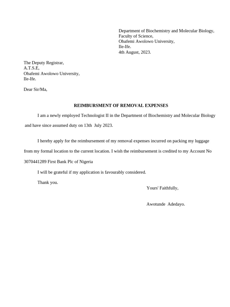 Removal Expenses Reimbursement Request | PDF