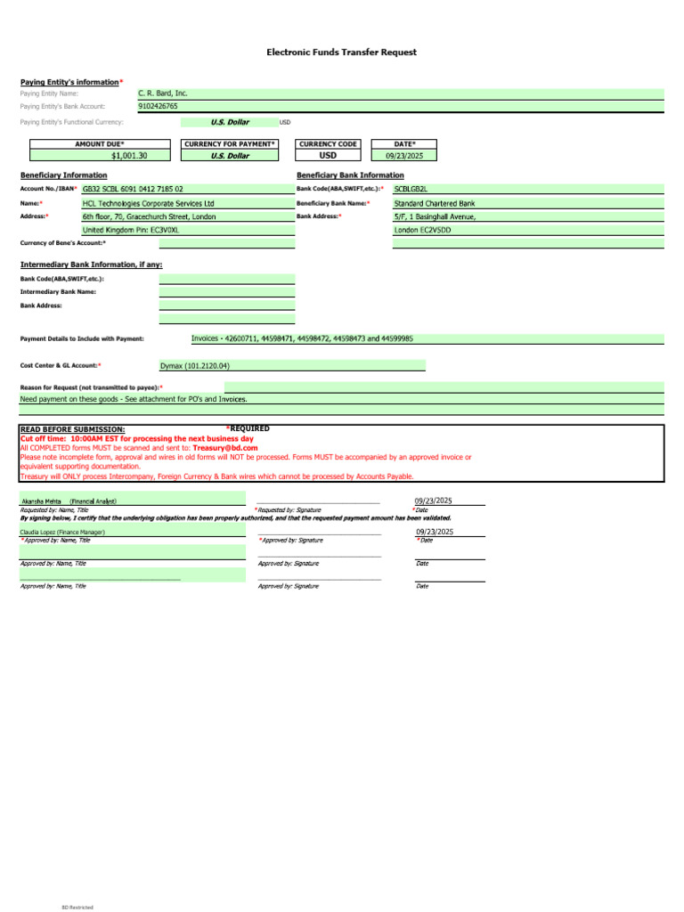 Electronic Funds Transfer Request Form | PDF | Payments | Accounts Payable