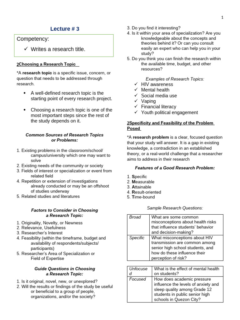 Lecture 3 Research Topic or Problem | PDF | Cognition | Psychology