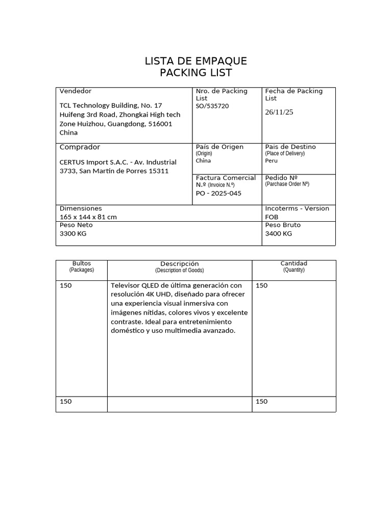 Formato Packing List 2022 | PDF | Comercio | Gestión de la cadena de ...