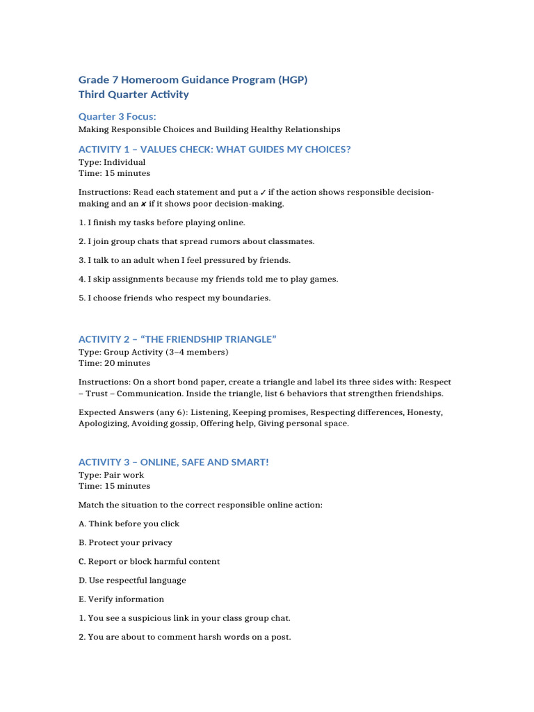 Grade 7 Guidance: Choices & Relationships | PDF
