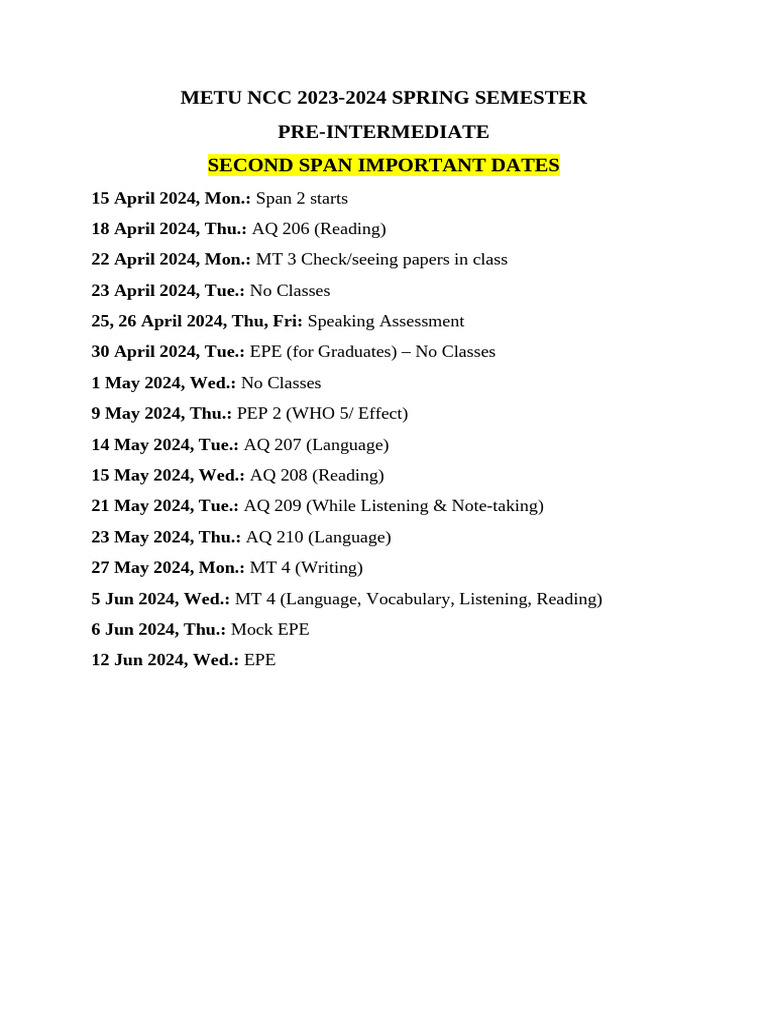 METU NCC Spring 2024 Pre-Intermediate Dates | PDF