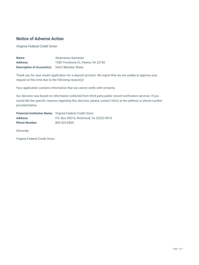Virginia Credit Union Adverse Action Notice | PDF