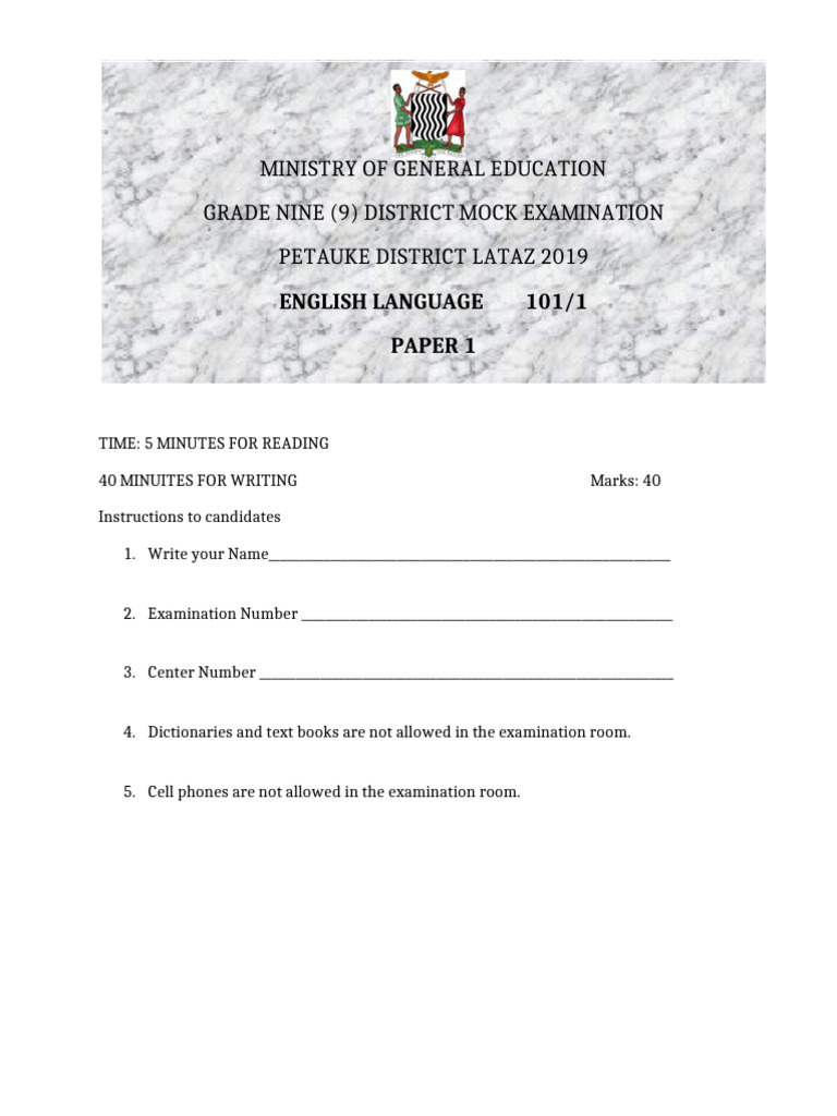 Grade 9 English Mock Exam Instructions | PDF
