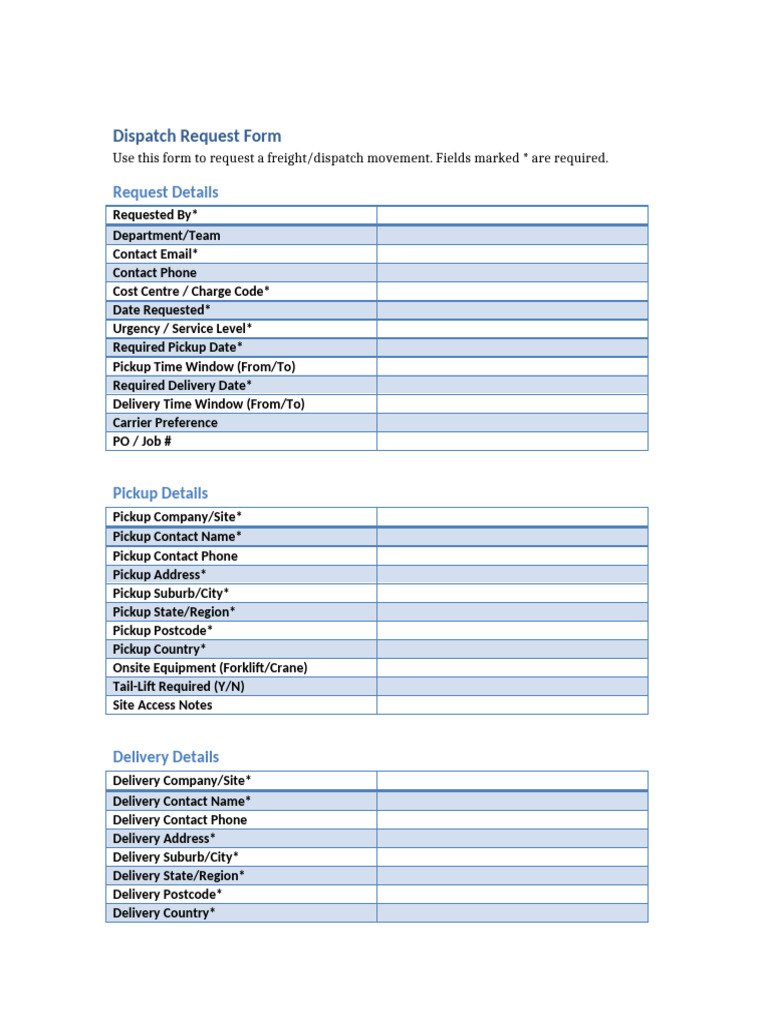 Freight Dispatch Request Form | PDF
