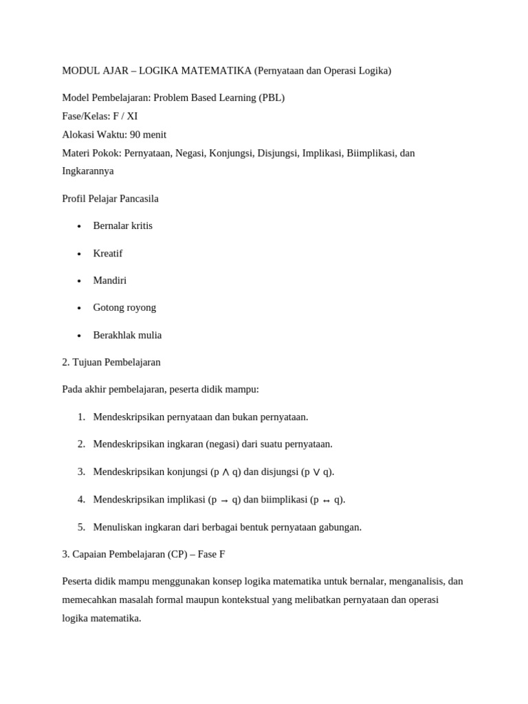 Modul Ajar Logika Matematika Kelas XI | PDF