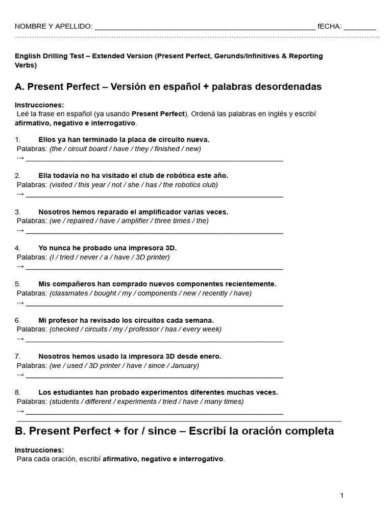 Ejercicios de inglés: Present Perfect y más | PDF