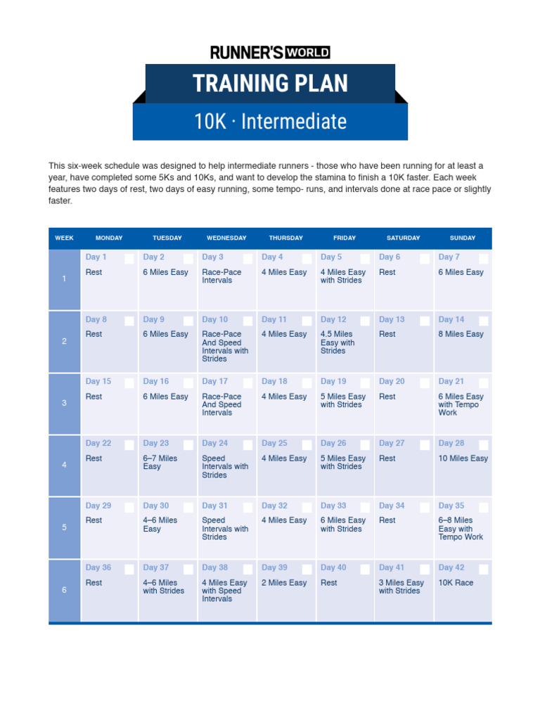 6-Week Intermediate 10K Training Plan | PDF | Running | Physical Exercise