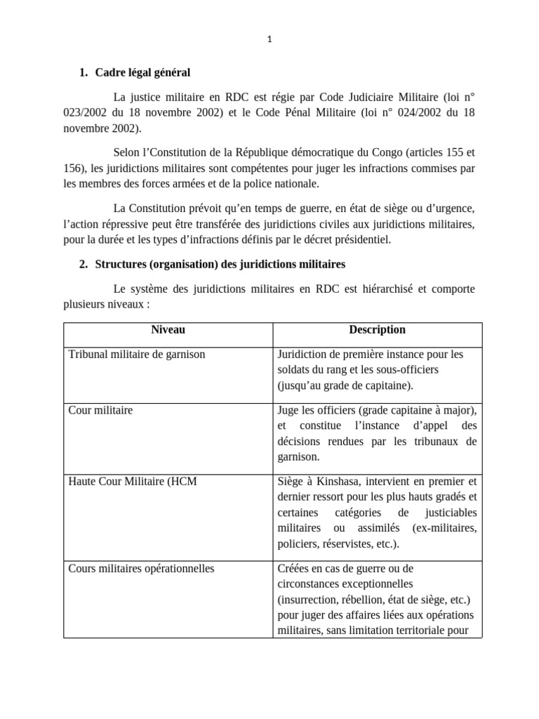 Justice militaire en RDC : cadre et enjeux | PDF | Compétence | Loi