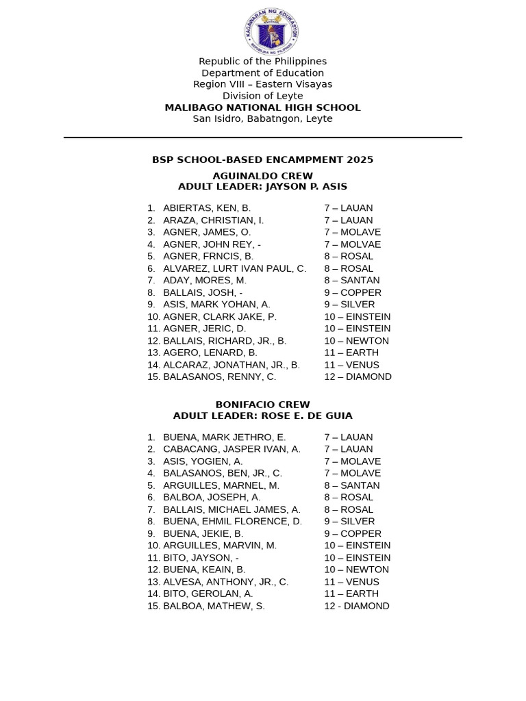 BSP School-Based Encampment 2025 Participants | PDF
