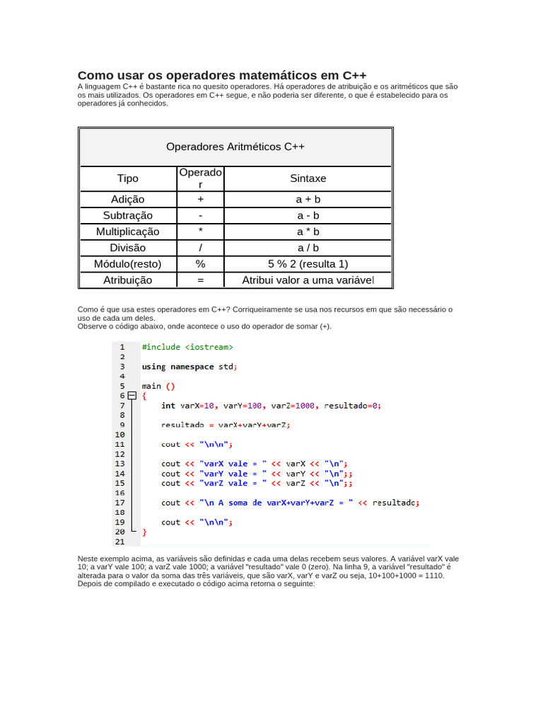 Operadores Matemáticos em C++: Guia Prático | PDF | Divisão (Matemática ...