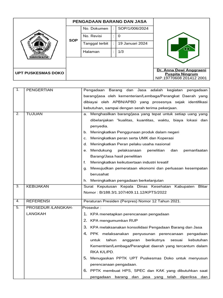SOP Pengadaan Barang dan Jasa Puskesmas | PDF