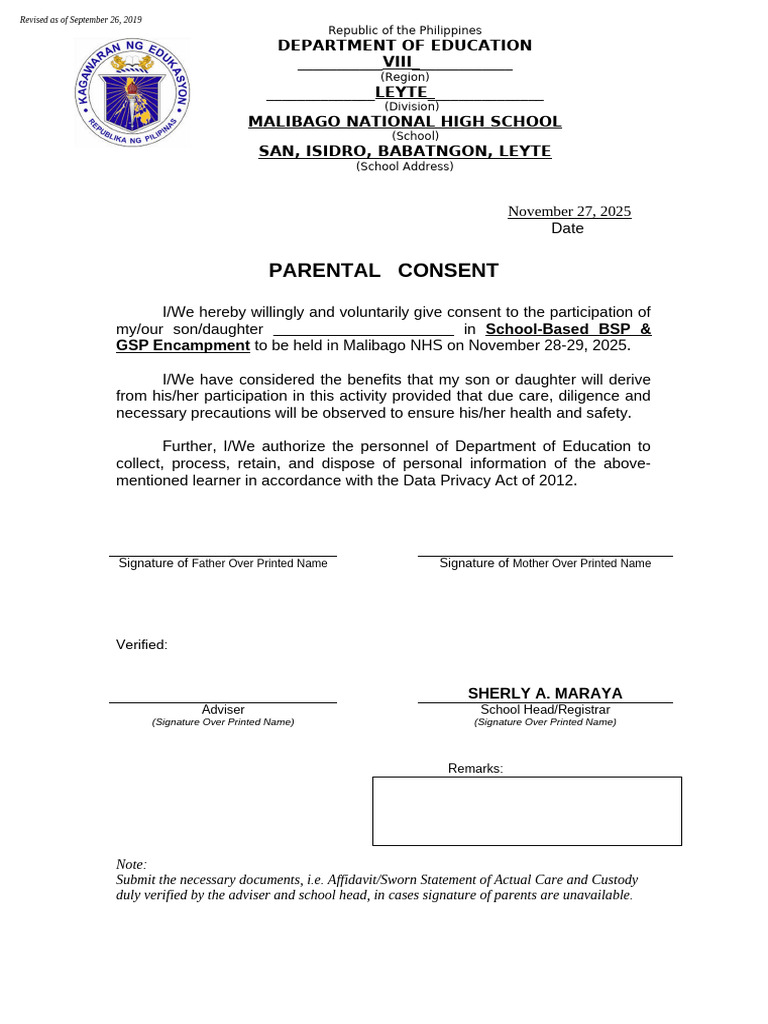 Parental Consent for School Encampment | PDF