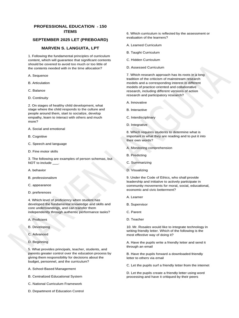 September 2025 LET Preboard Questions | PDF | Teachers | Learning