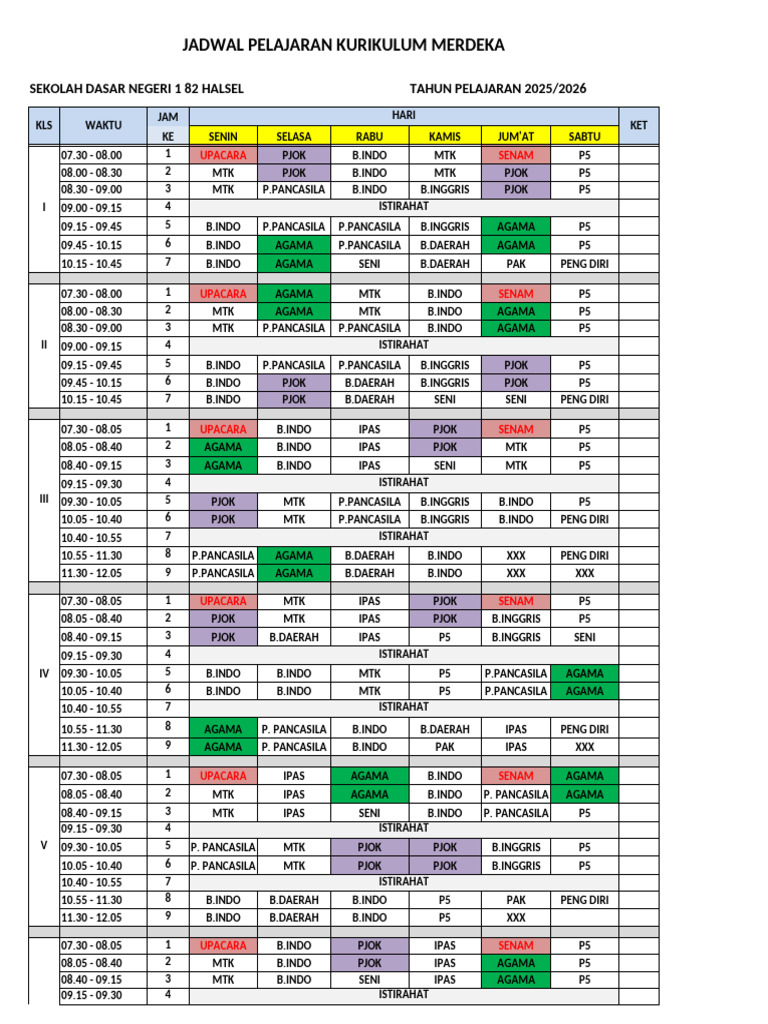 Jadwal Pelajaran SD Kurikulum Merdeka | PDF