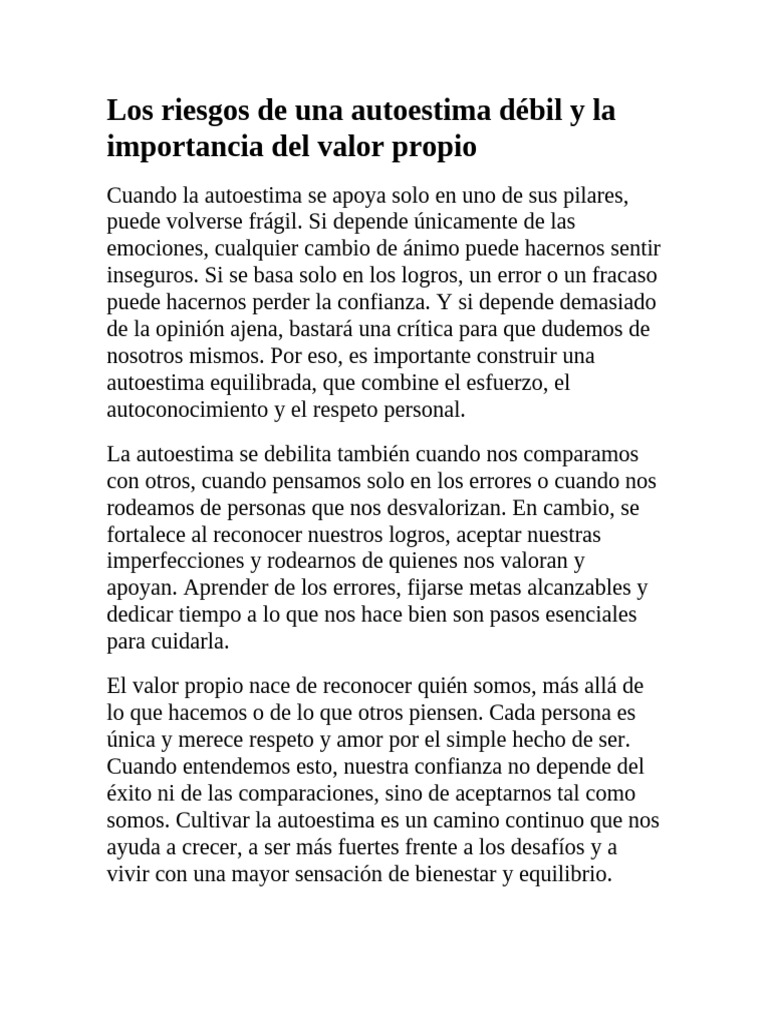 Los Riesgos de Una Autoestima Débil y La Importancia Del Valor Propio | PDF