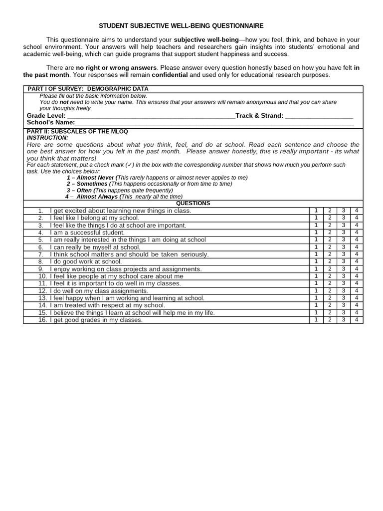 Student Well-Being Questionnaire | PDF | Well Being | Questionnaire