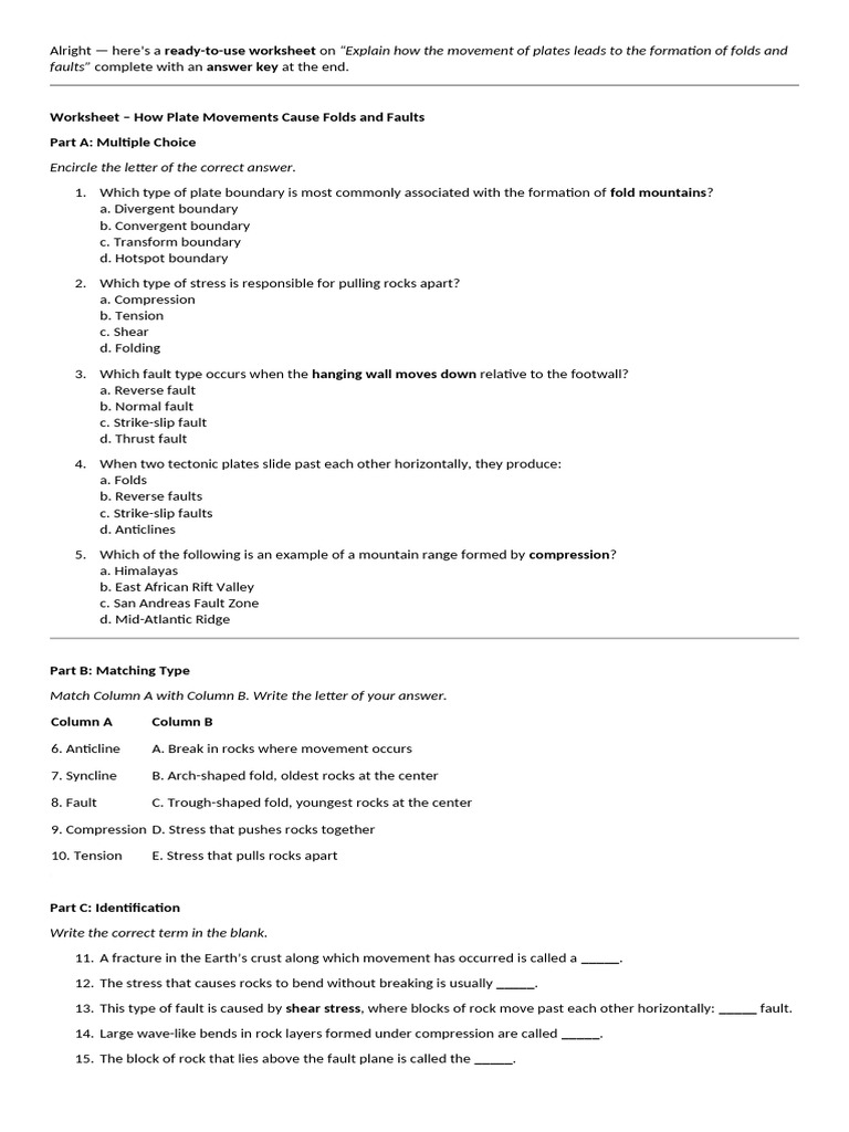 Plate Movements: Folds and Faults Worksheet | PDF | Fault (Geology ...