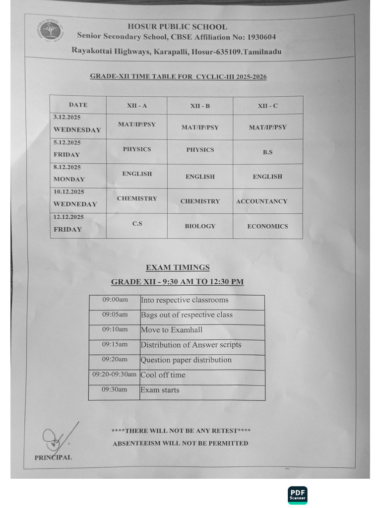 Grade - Xii Time Table For Cyclic - III | PDF