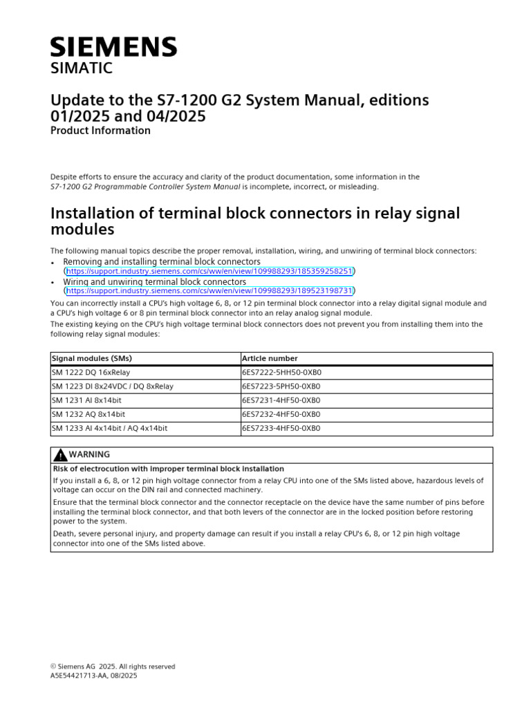 S7-1200 G2 Terminal Block Installation Guide | PDF | Electrical ...