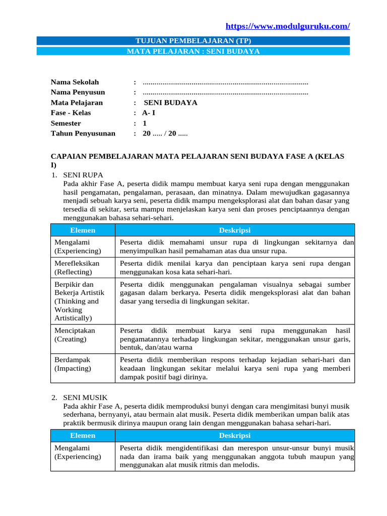 Rencana Pembelajaran Seni Budaya Kelas I | PDF