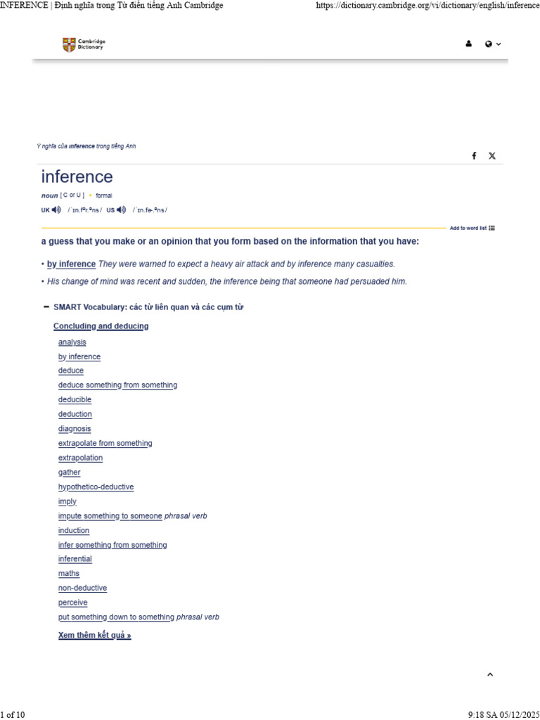 INFERENCE - Định Nghĩa Trong Từ Điển Tiếng Anh Cambridge | PDF