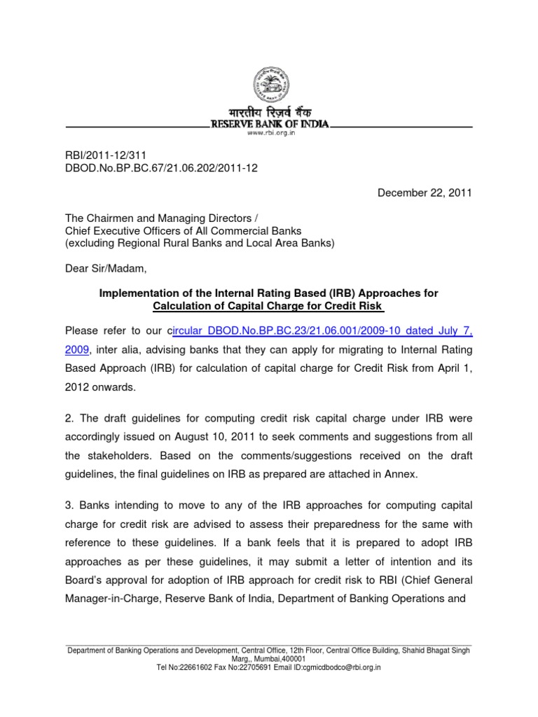 20111222 RBI Final IRB Guidelines PDF Credit Risk Basel Ii