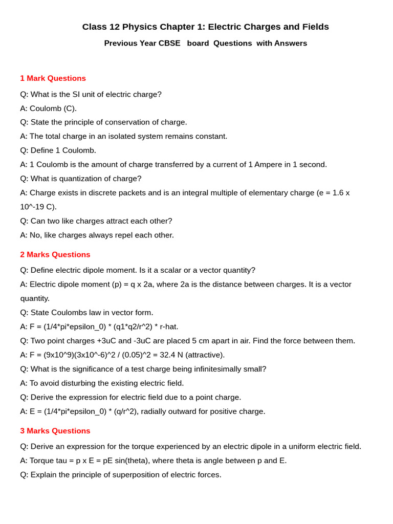 Class12 Physics Ch1 PYQ With Answers 11 | PDF | Electric Field | Flux