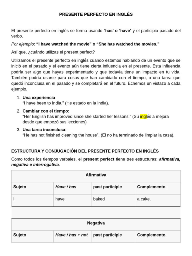 Uso y Estructura del Presente Perfecto | PDF | Sintaxis | Relaciones ...