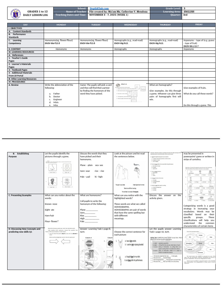 Grade 3 English Daily Lesson Plan | PDF | Learning | Cognition