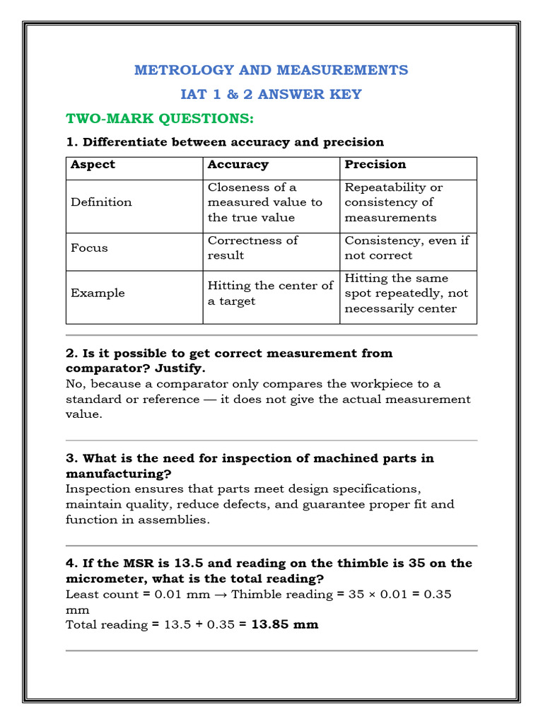 Metrology and Measurements Answer Key | PDF | Observational Error ...