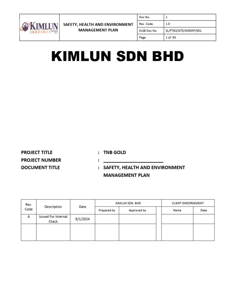 Safety, Health & Environment Plan | PDF | Occupational Safety And ...