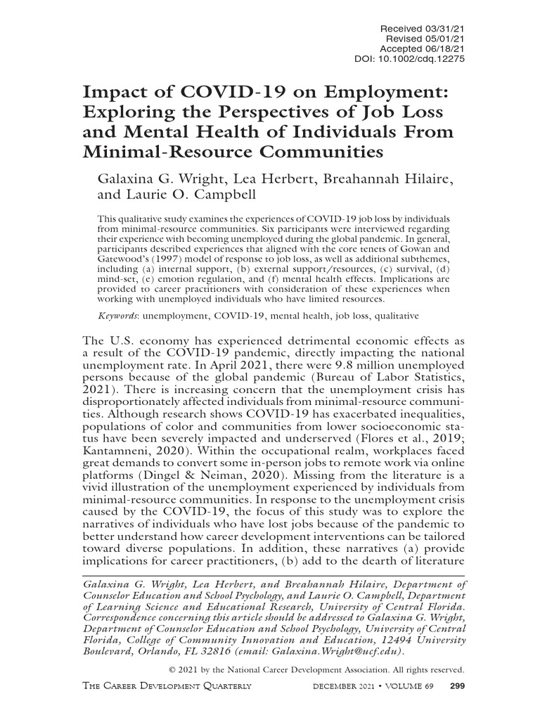 2021 - Wright. Impact of COVID19 On Employment | PDF | Mental Health ...