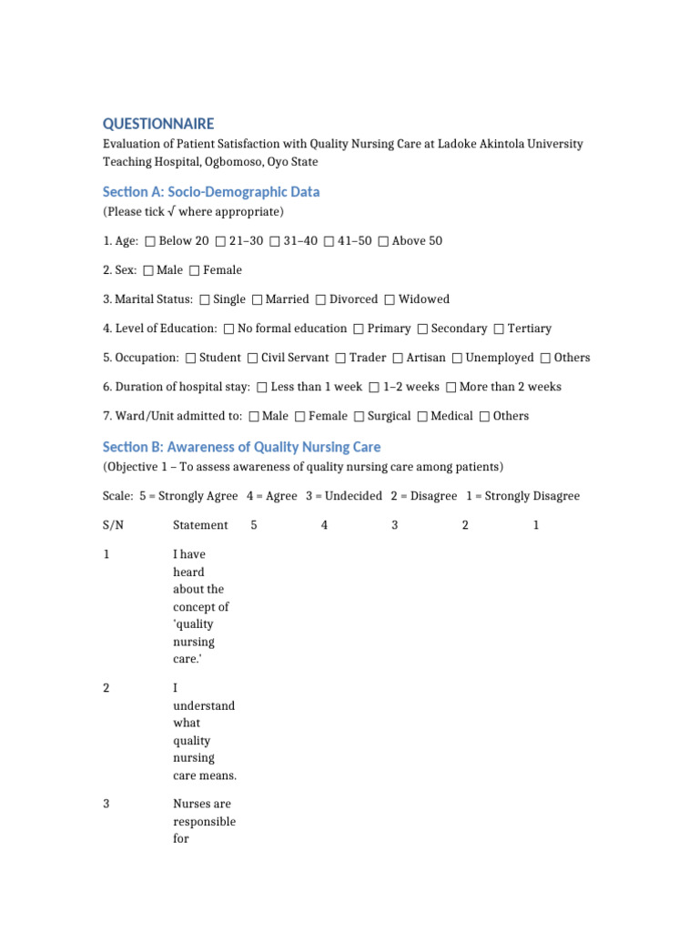 Questionnaire Quality Nursing Care LAUTECH | PDF | Nursing | Hospital