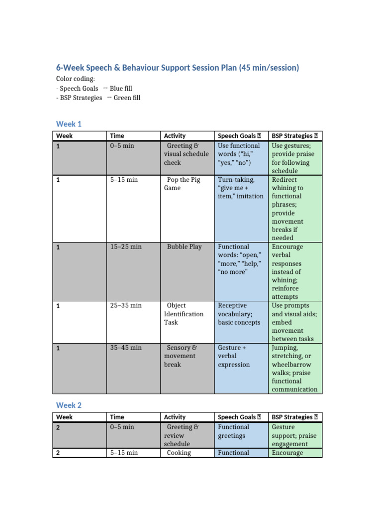 6-Week Speech BSP Session Plan | PDF | Gesture | Cognitive Psychology