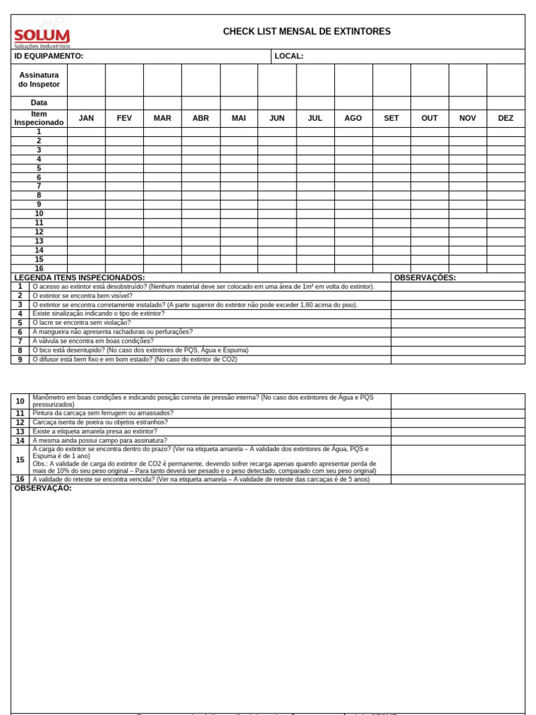 Check List Mensal de Inspeção de Extintores | PDF