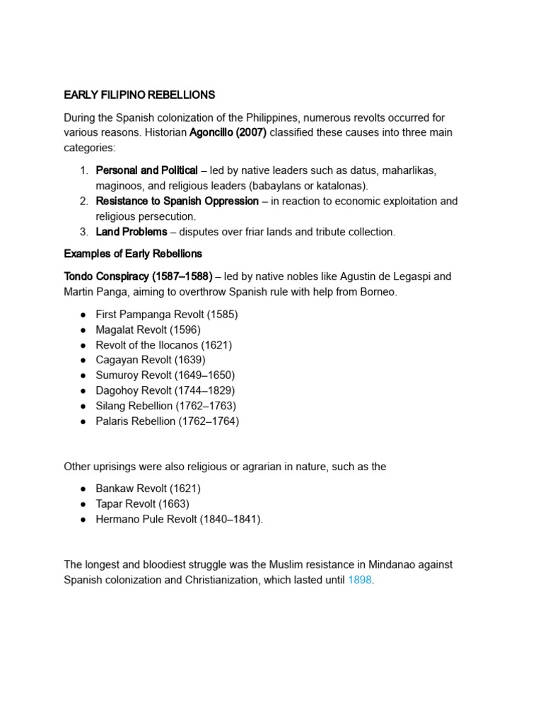 Early Filipino Rebellions Overview | PDF | Philippines | Spanish East ...