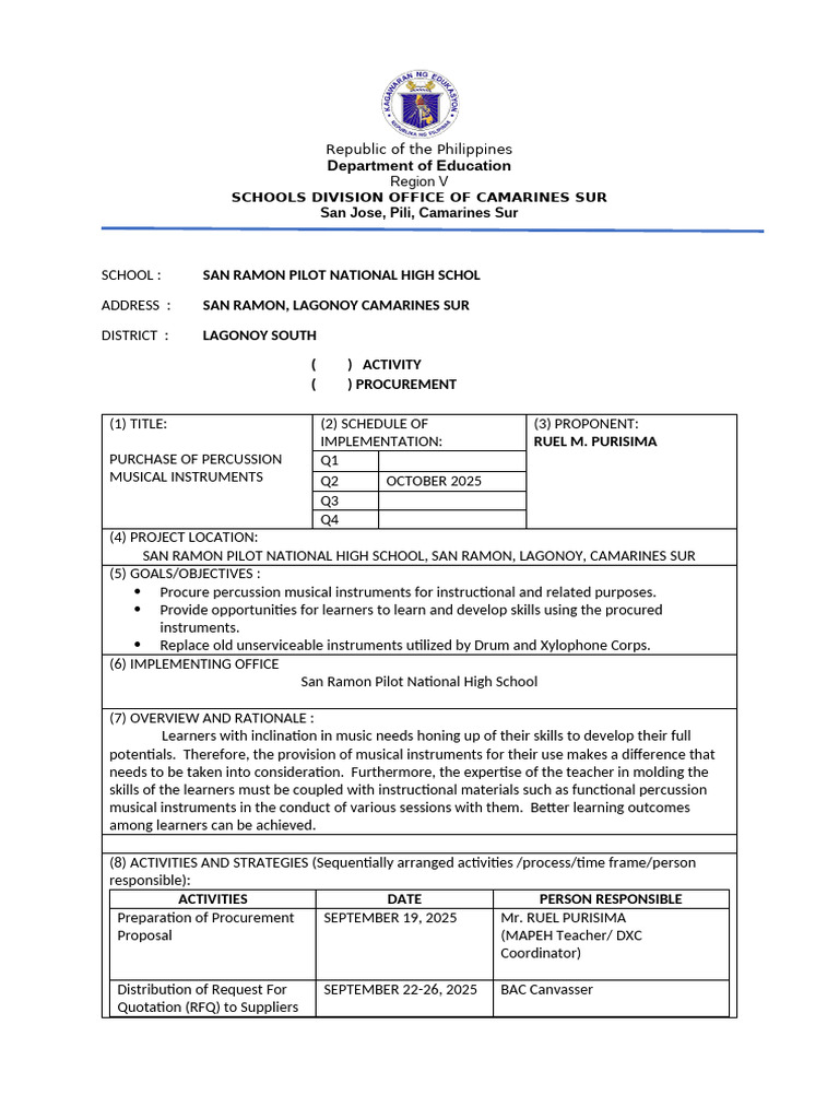 Procurement Proposal for Musical Instruments | PDF