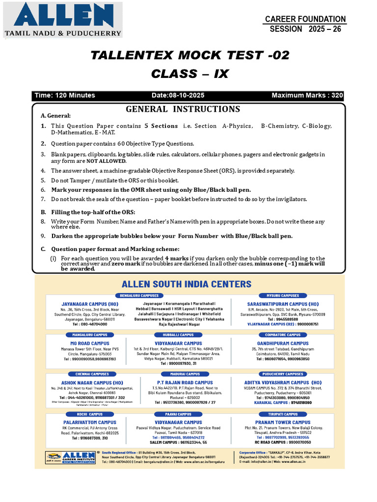 FC_CLASS -09_ Tallentex Mock Test -02_ 08-10-25 | PDF | Menstrual Cycle ...